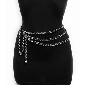 Metal Silver Multi-Row Chain Waist Belt Layered Fashion Adjustable Accessory